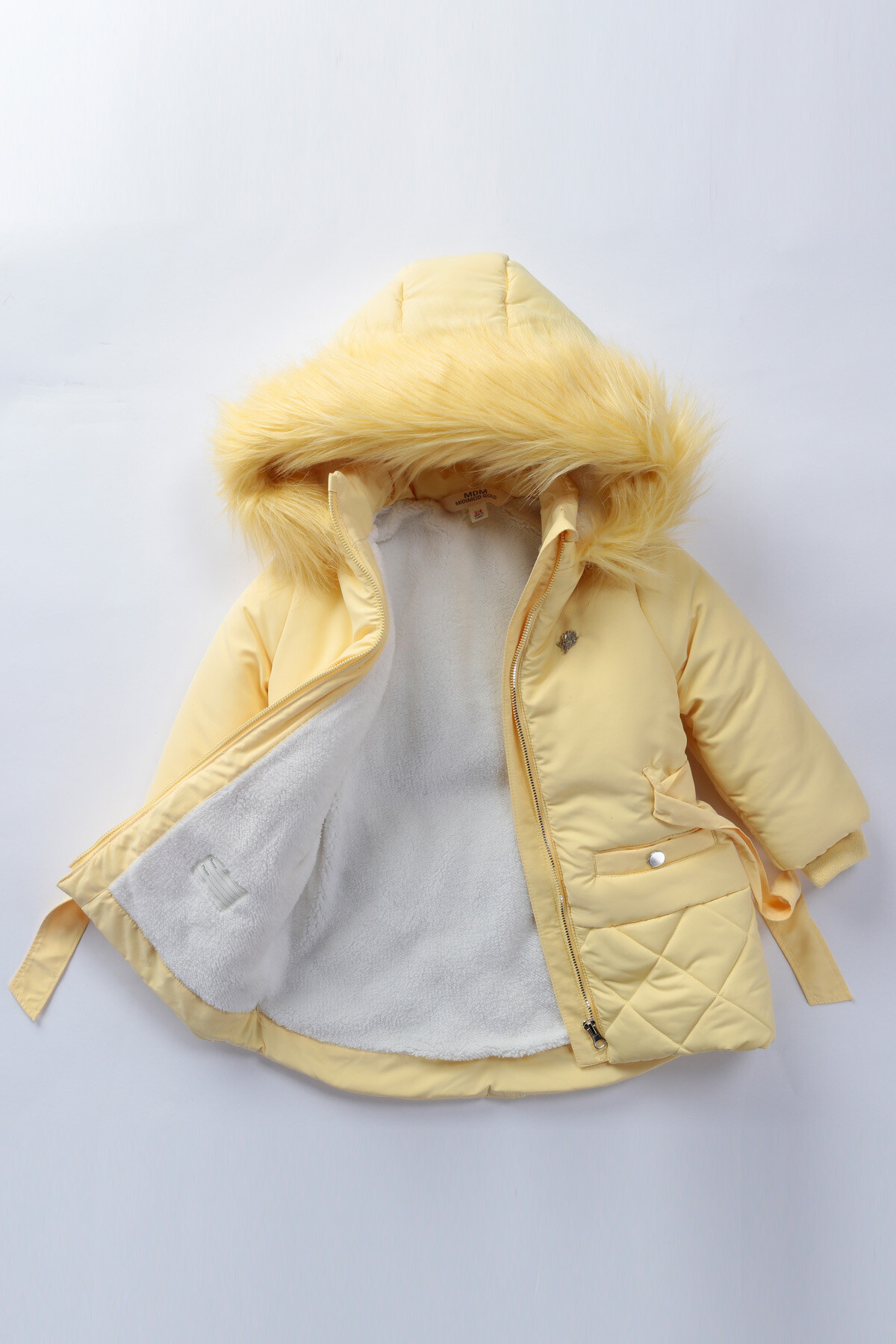 Kız Çocuk Kaban 2-9 Yaş Kışlık Şişme Peluş Astarlı Kürk Kapüşonlu Sarı Mont HZL22W-M21644