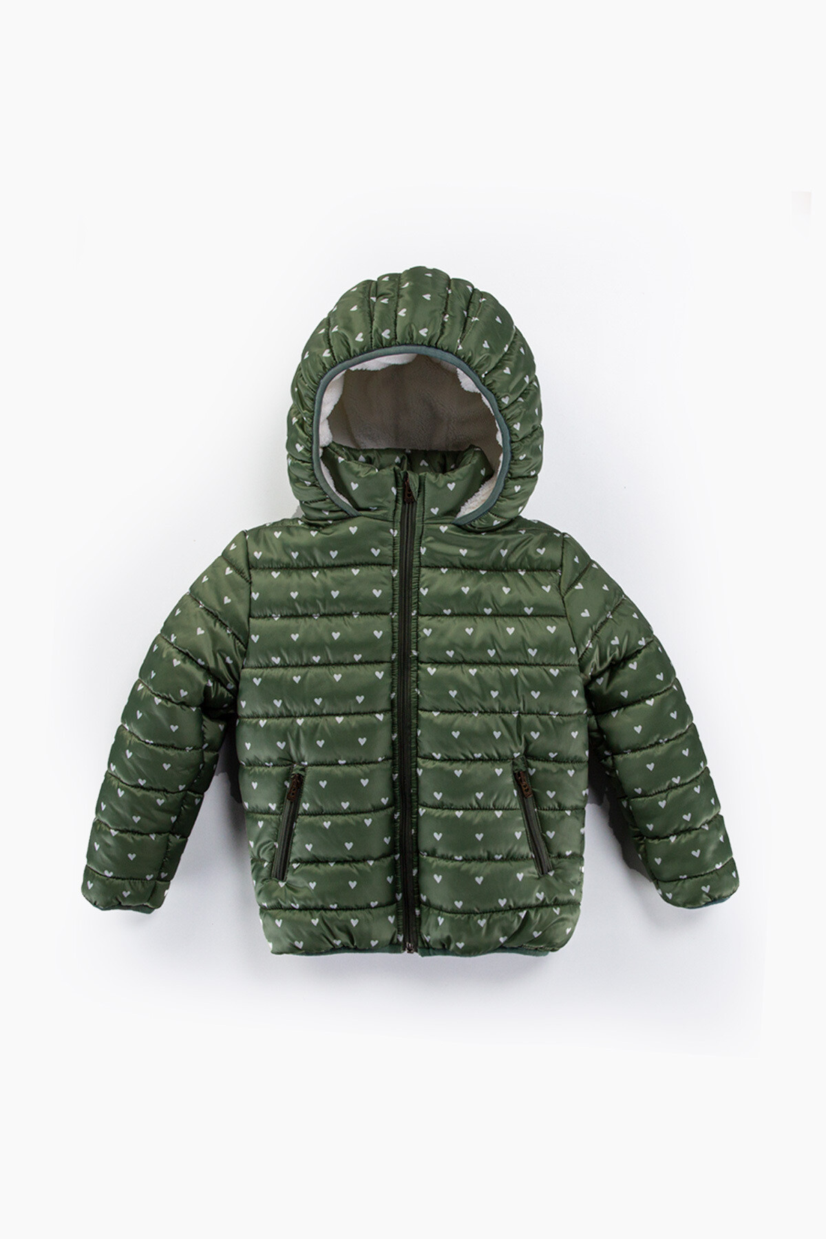 Kız Çocuk Kaban 6-10 Yaş Kışlık Şişme Peluş Astarlı Kapüşonlu Haki Mont HZL22W-M21639