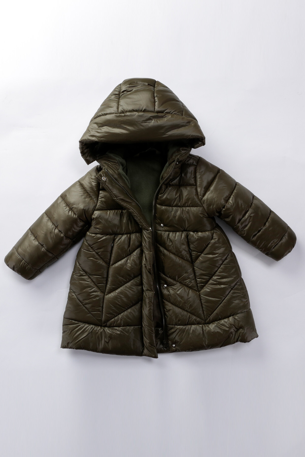 Kız Çocuk Kaban 6-9 Yaş Kışlık Şişme Polar Astarlı Kapüşonlu Haki Mont HZL22W-M21619