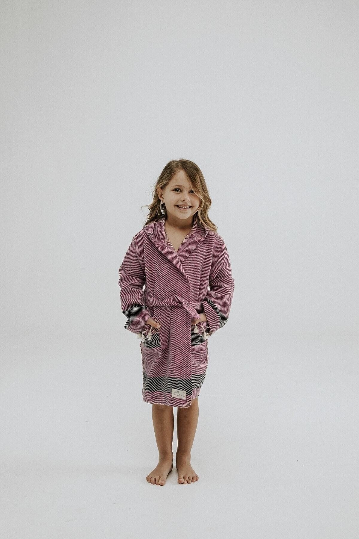 Peştamal Çocuk Bornozu El Dokuması Limyra Desen Fuşya Renk