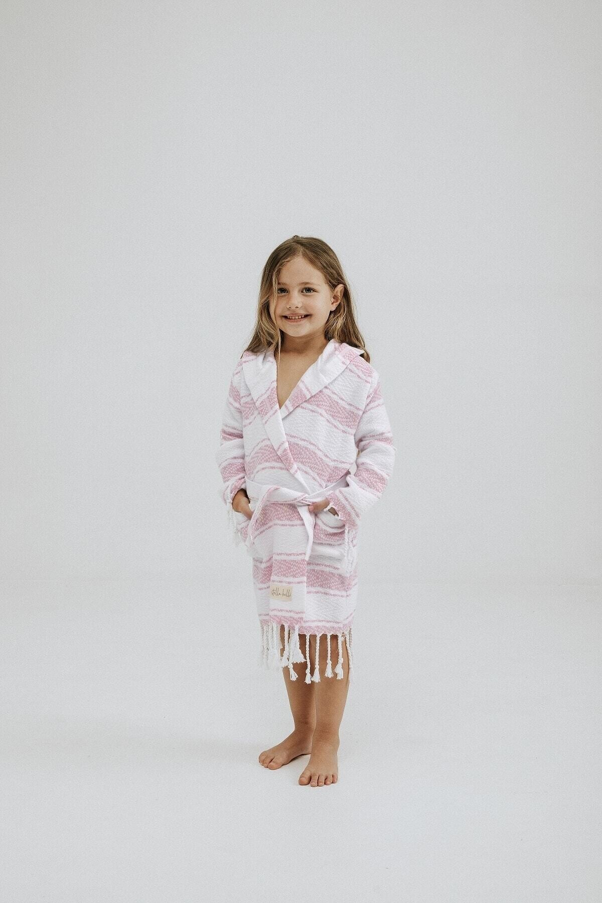 Peştamal Çocuk Bornozu El Dokuması Pamira Desen Pembe Renk