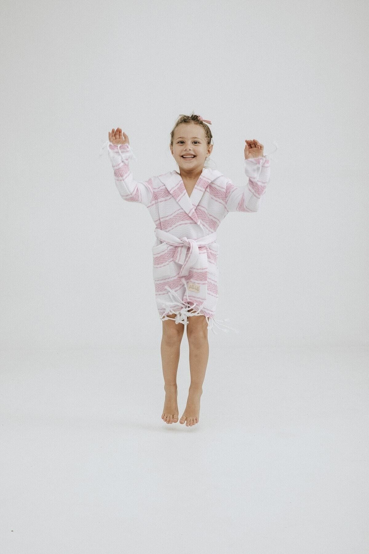 Peştamal Çocuk Bornozu El Dokuması Pamira Desen Pembe Renk