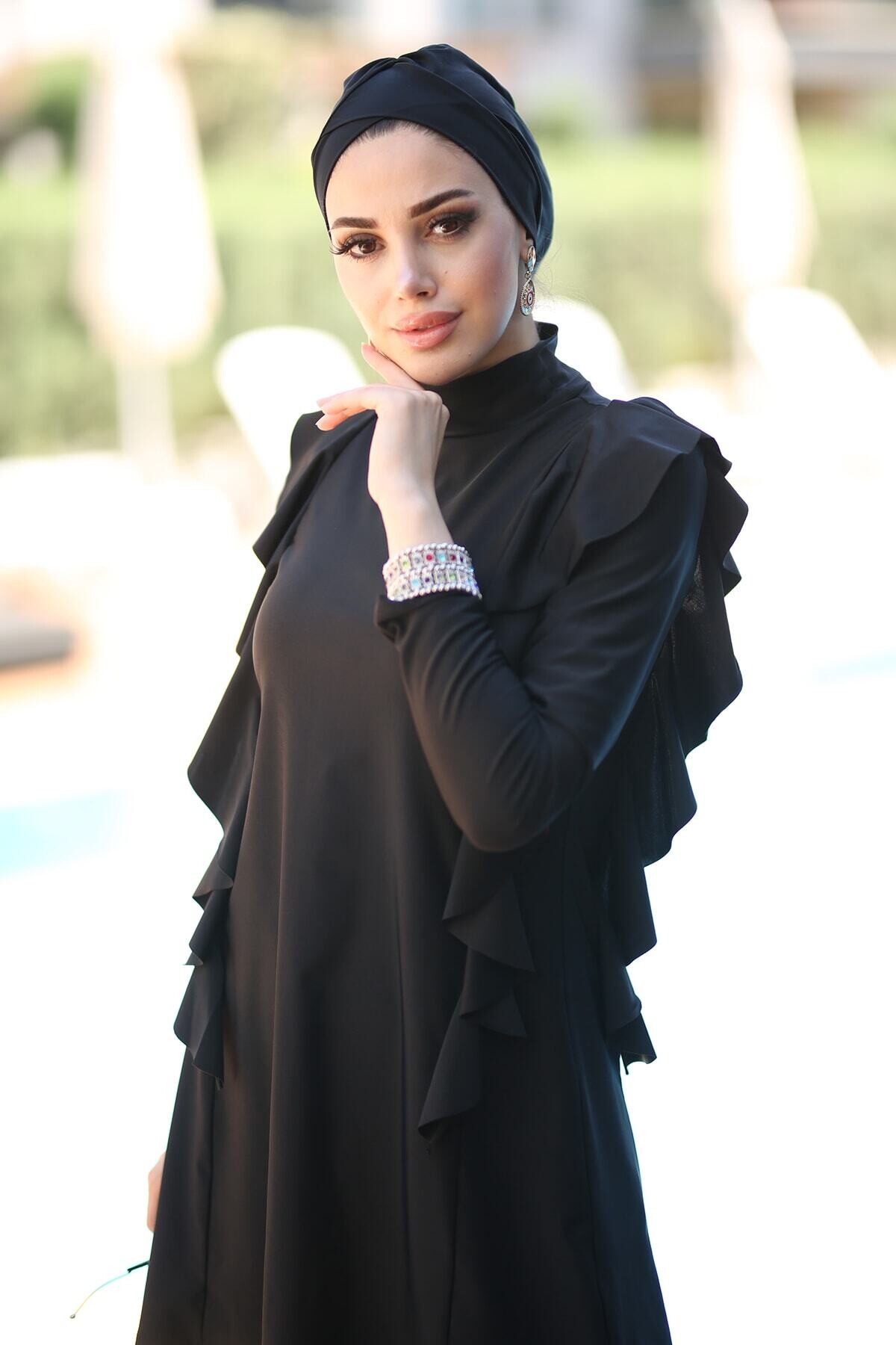 Tasarım Likralı Tam Kapalı Tesettür Mayo Yanı Fırfırlı 514/01 Siyah