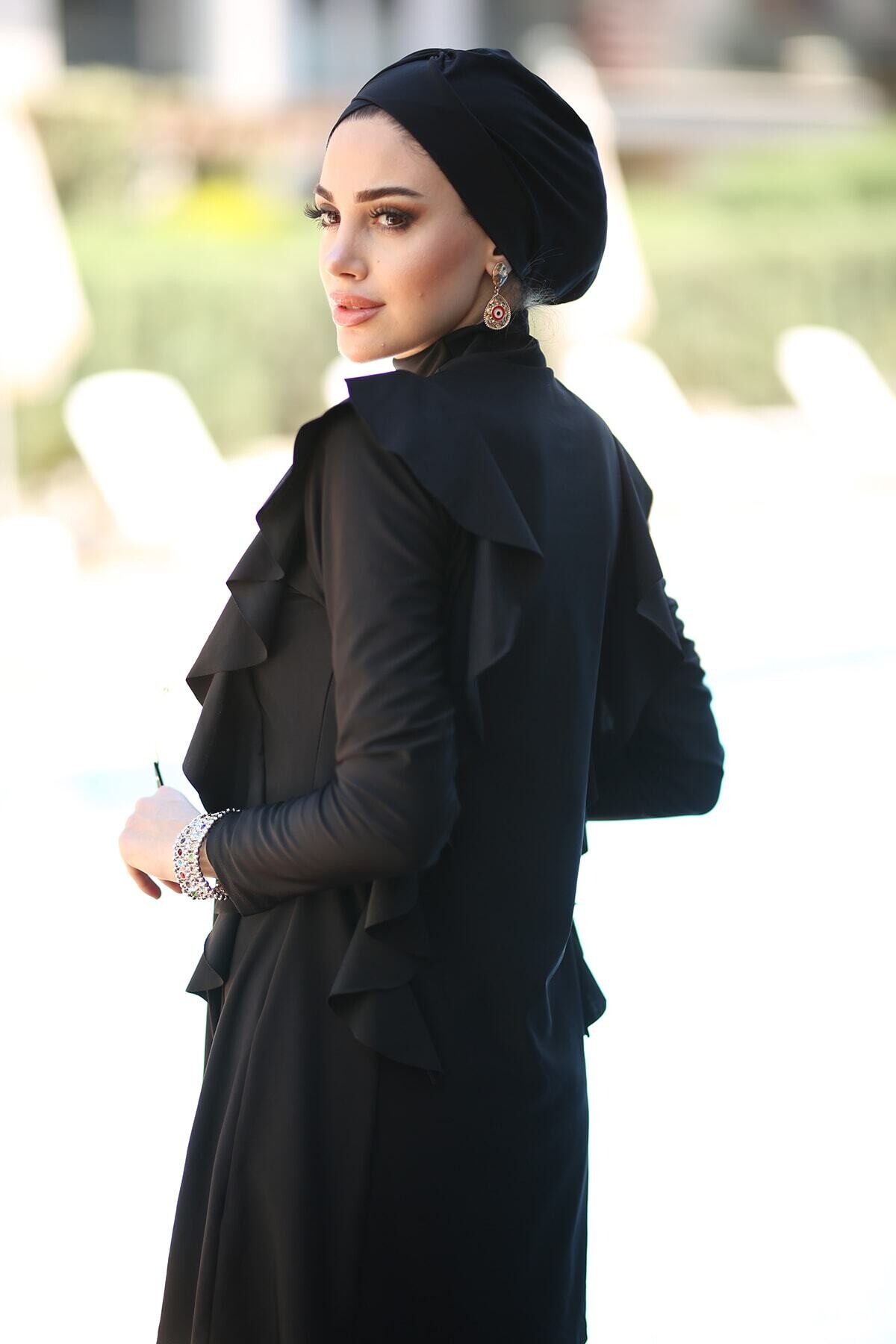 Tasarım Likralı Tam Kapalı Tesettür Mayo Yanı Fırfırlı 514/01 Siyah