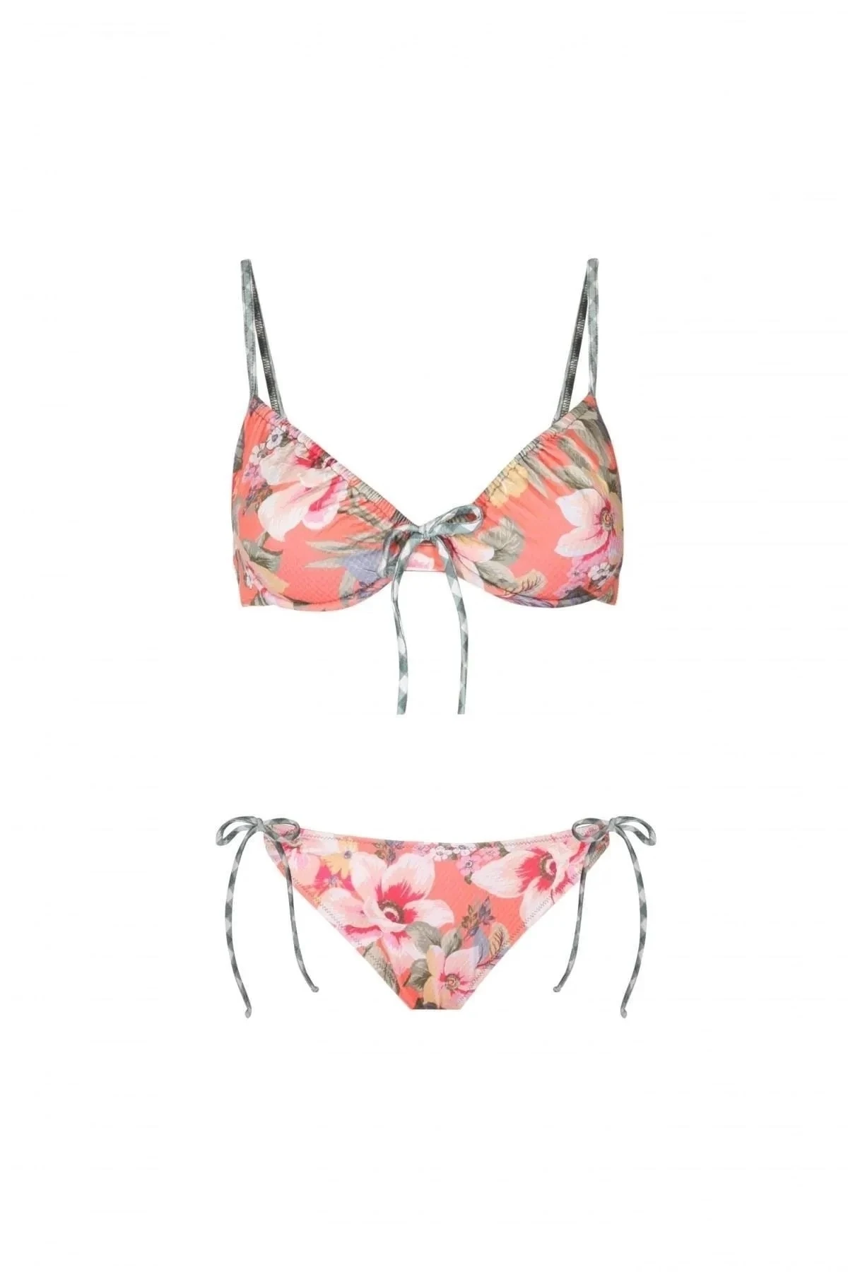 ZEKİ Kadın Oranj Çiçek Desenli Sabit Push-Up Kaplı, Ayarlanabilir Askılı Bikini Takımı HZL23S-ZK110071