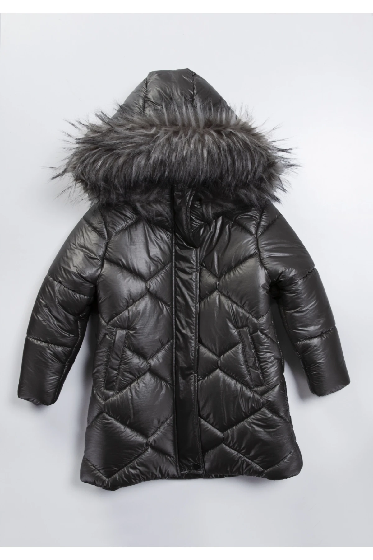 Çocuk Antrasit Çift Cepli 6-9 Yaş Kışlık İçi Polar Astarlı Kapüşonü Kürklü Şişme Mont HZL24W-MDM1223761
