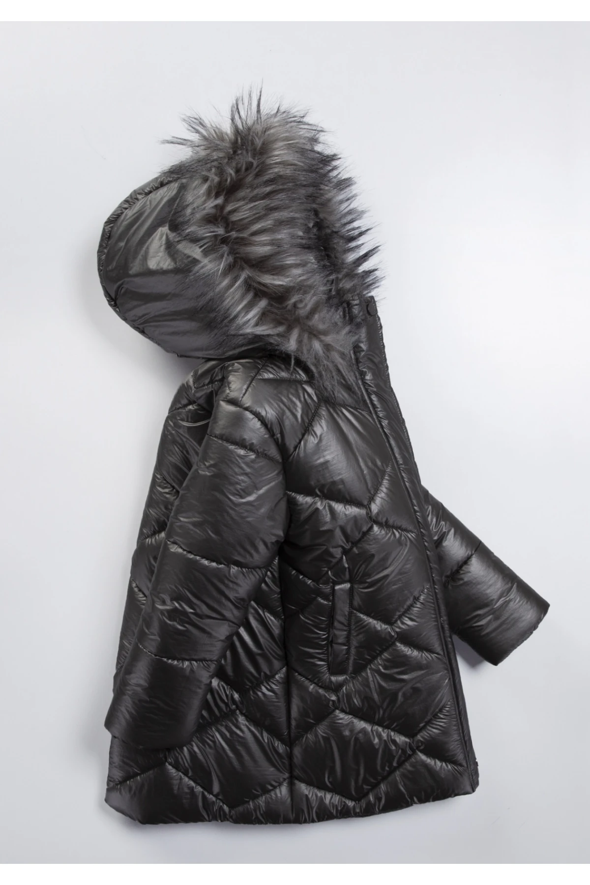 Çocuk Antrasit Çift Cepli 6-9 Yaş Kışlık İçi Polar Astarlı Kapüşonü Kürklü Şişme Mont HZL24W-MDM1223761