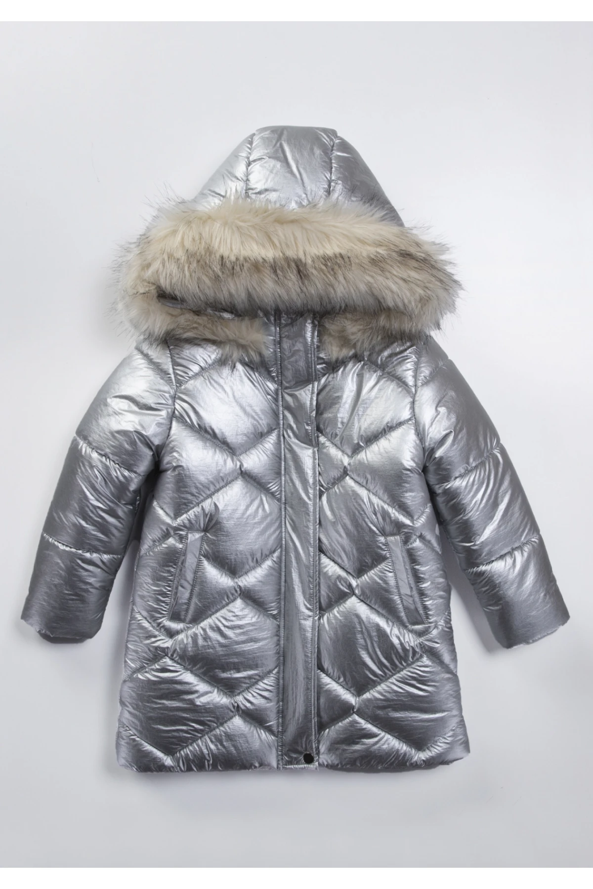 Çocuk Gri Çift Cepli 6-9 Yaş Kışlık İçi Polar Astarlı Kapüşonü Kürklü Şişme Mont HZL24W-MDM1223761