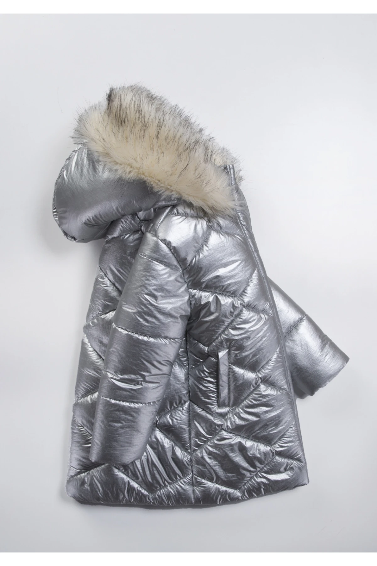 Çocuk Gri Çift Cepli 6-9 Yaş Kışlık İçi Polar Astarlı Kapüşonü Kürklü Şişme Mont HZL24W-MDM1223761