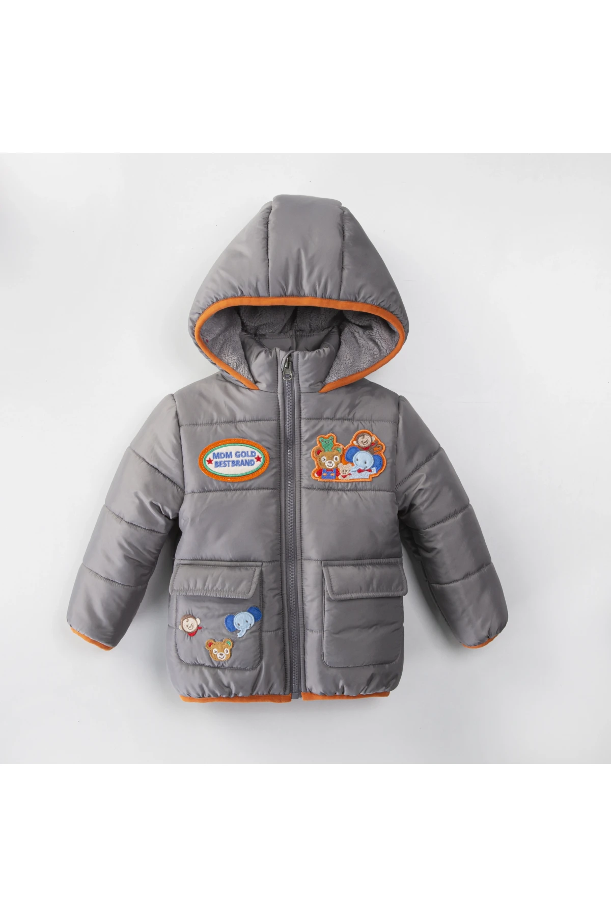 Çocuk Gri Hayvan Temalı 1-5 Yaş Kışlık İçi Polar Astarlı Kapüşonlu Şişme Mont HZL24W-MDM1513221