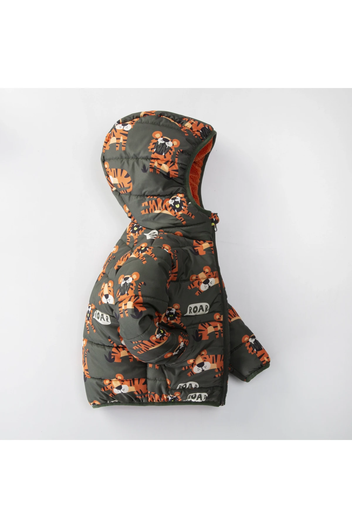 Çocuk Haki Kaplan Baskılı 1-5 Yaş Kışlık İçi Polar Astarlı Kapüşonlu Şişme Mont HZL24W-MDM1513291