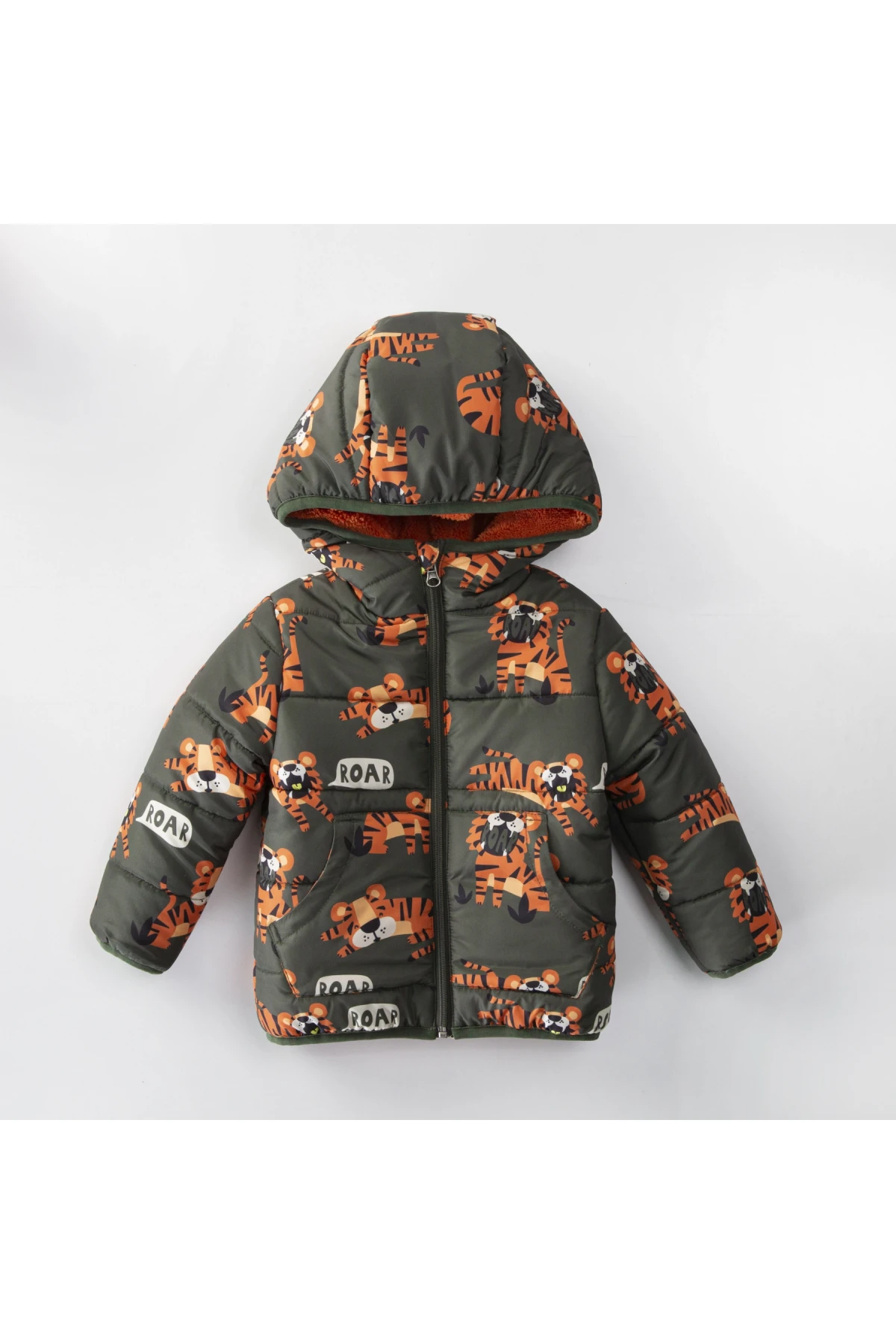Çocuk Haki Kaplan Baskılı 1-5 Yaş Kışlık İçi Polar Astarlı Kapüşonlu Şişme Mont HZL24W-MDM1513291