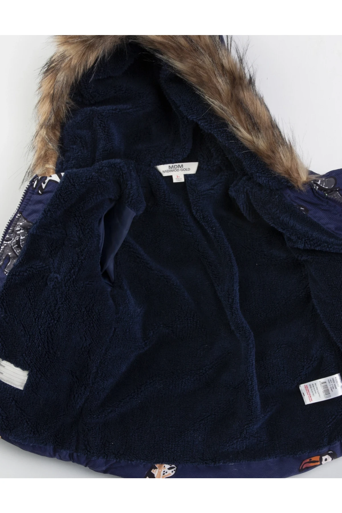 Çocuk Lacivert Hayvan Desenli 1-5 Yaş Kışlık İçi Polar Astarlı Kapüşonlu Şişme Mont HZL24W-MDM1513101