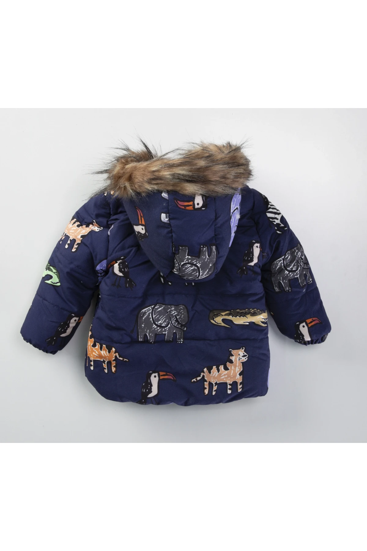 Çocuk Lacivert Hayvan Desenli 1-5 Yaş Kışlık İçi Polar Astarlı Kapüşonlu Şişme Mont HZL24W-MDM1513101