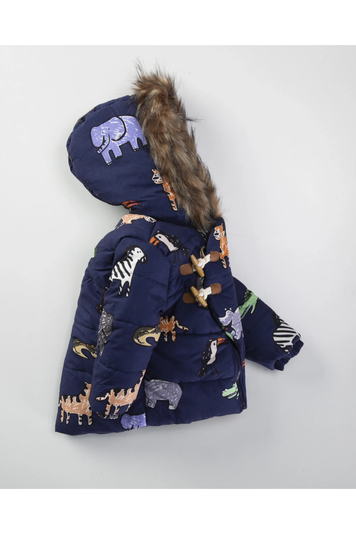 Çocuk Lacivert Hayvan Desenli 1-5 Yaş Kışlık İçi Polar Astarlı Kapüşonlu Şişme Mont HZL24W-MDM1513101
