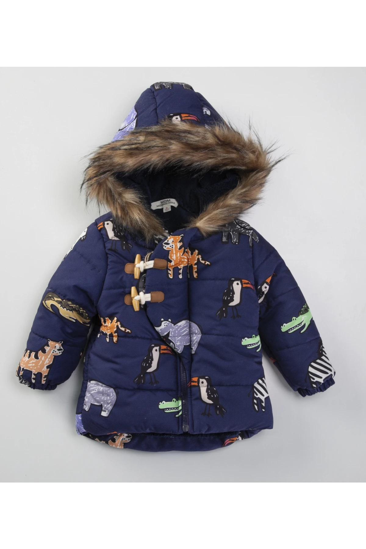 Çocuk Lacivert Hayvan Desenli 1-5 Yaş Kışlık İçi Polar Astarlı Kapüşonlu Şişme Mont HZL24W-MDM1513101