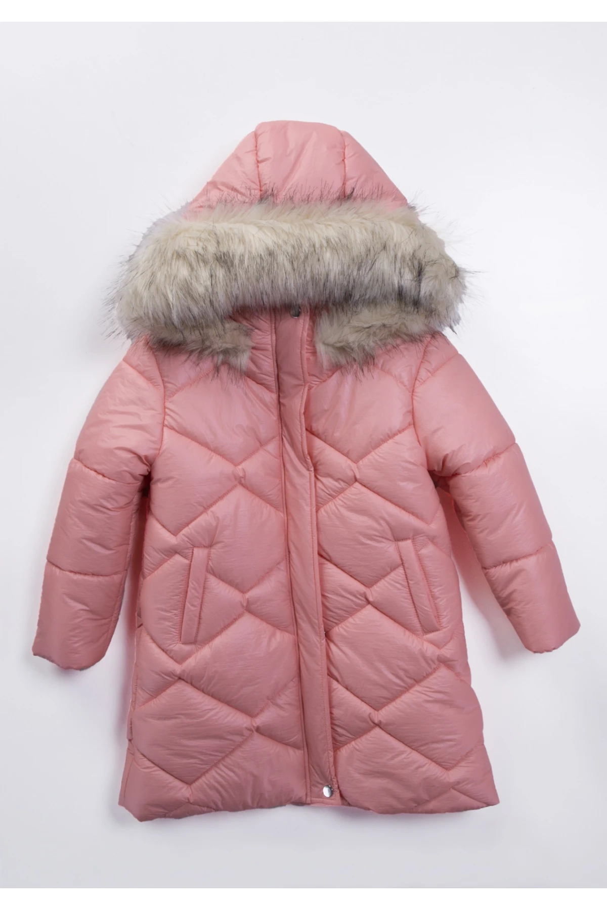 Çocuk Pembe Çift Cepli 6-9 Yaş Kışlık İçi Polar Astarlı Kapüşonü Kürklü Şişme Mont HZL24W-MDM1223761