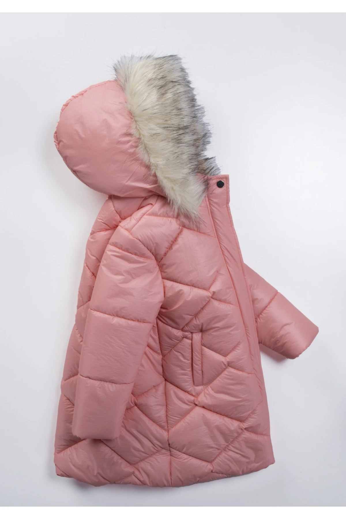 Çocuk Pembe Çift Cepli 6-9 Yaş Kışlık İçi Polar Astarlı Kapüşonü Kürklü Şişme Mont HZL24W-MDM1223761