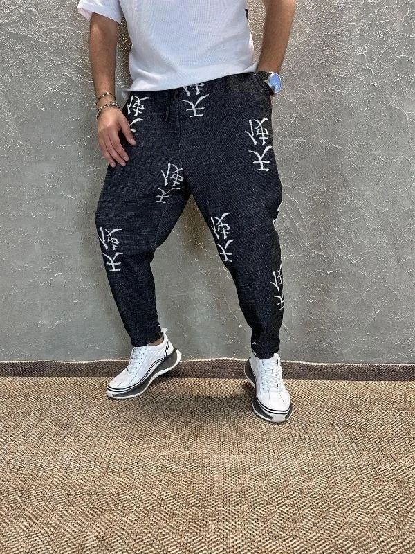 Erkek Antrasit Japon Desenli Beli İp Bağlamalı Düz Kesim Pantolon Eşofman Altı HZL24S-MXC8948-192