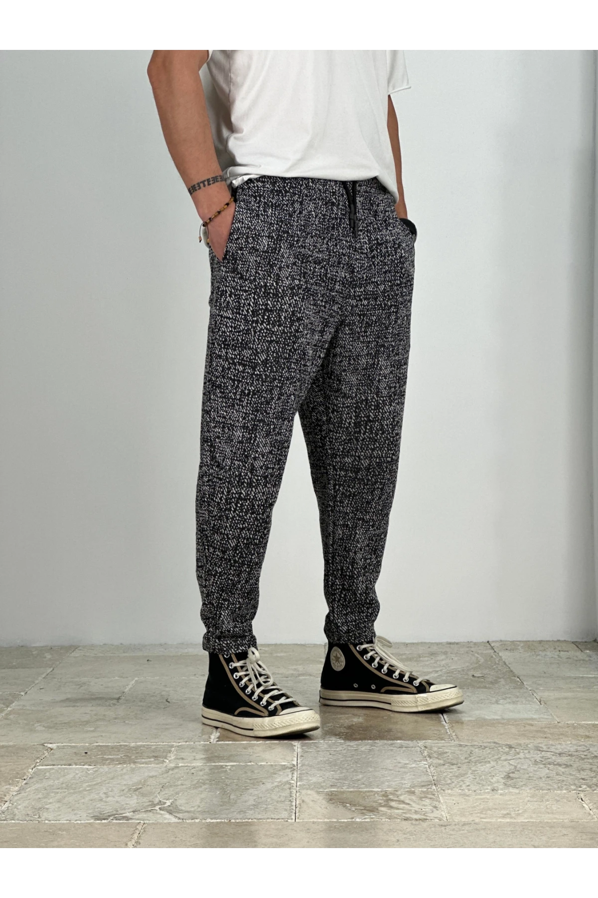 Erkek Antrasit Kırçıllı Beli İp Bağlamalı Düz Kesim Pantolon Eşofman Altı HZL24S-MXC8948-117
