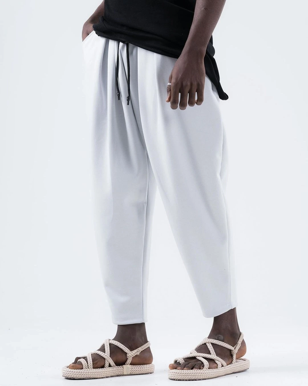 Erkek Beyaz Beli İp Bağlamalı Düz Kesim Cepli Pantolon Eşofman Altı HZL24S-MXC8948-26
