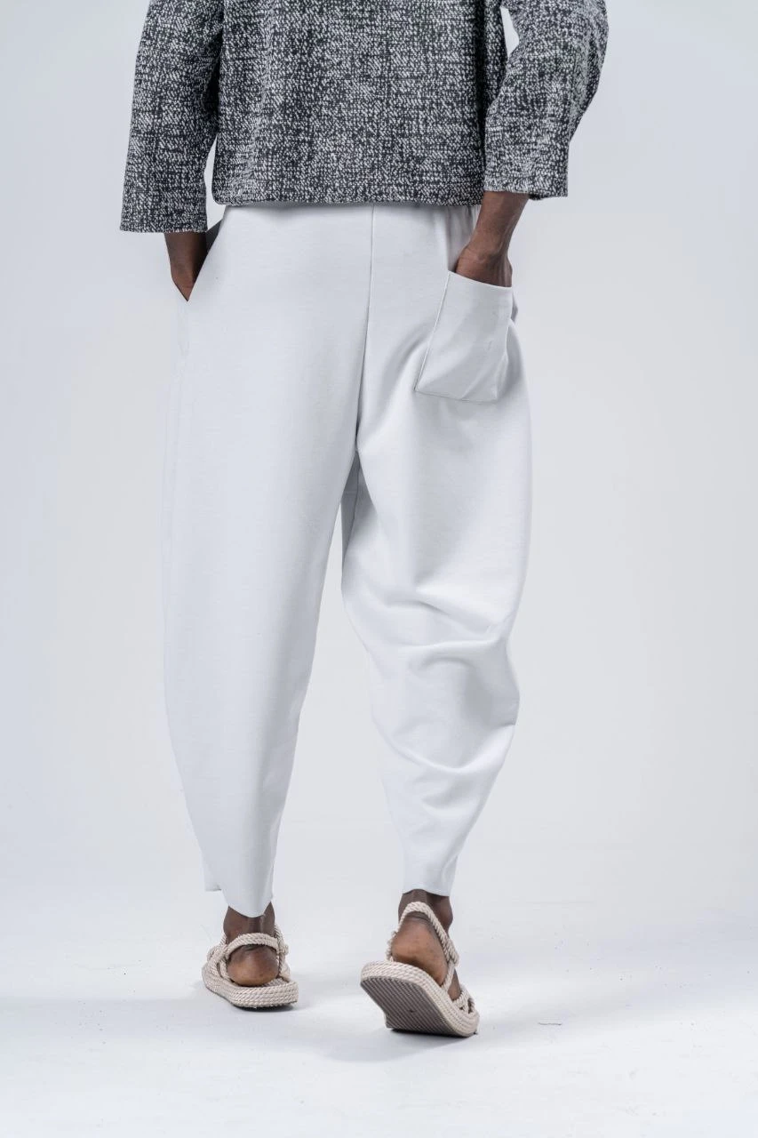 Erkek Beyaz Beli İp Bağlamalı Bol Kesim Cepli Pantolon Eşofman Altı HZL24S-MXC9019-10