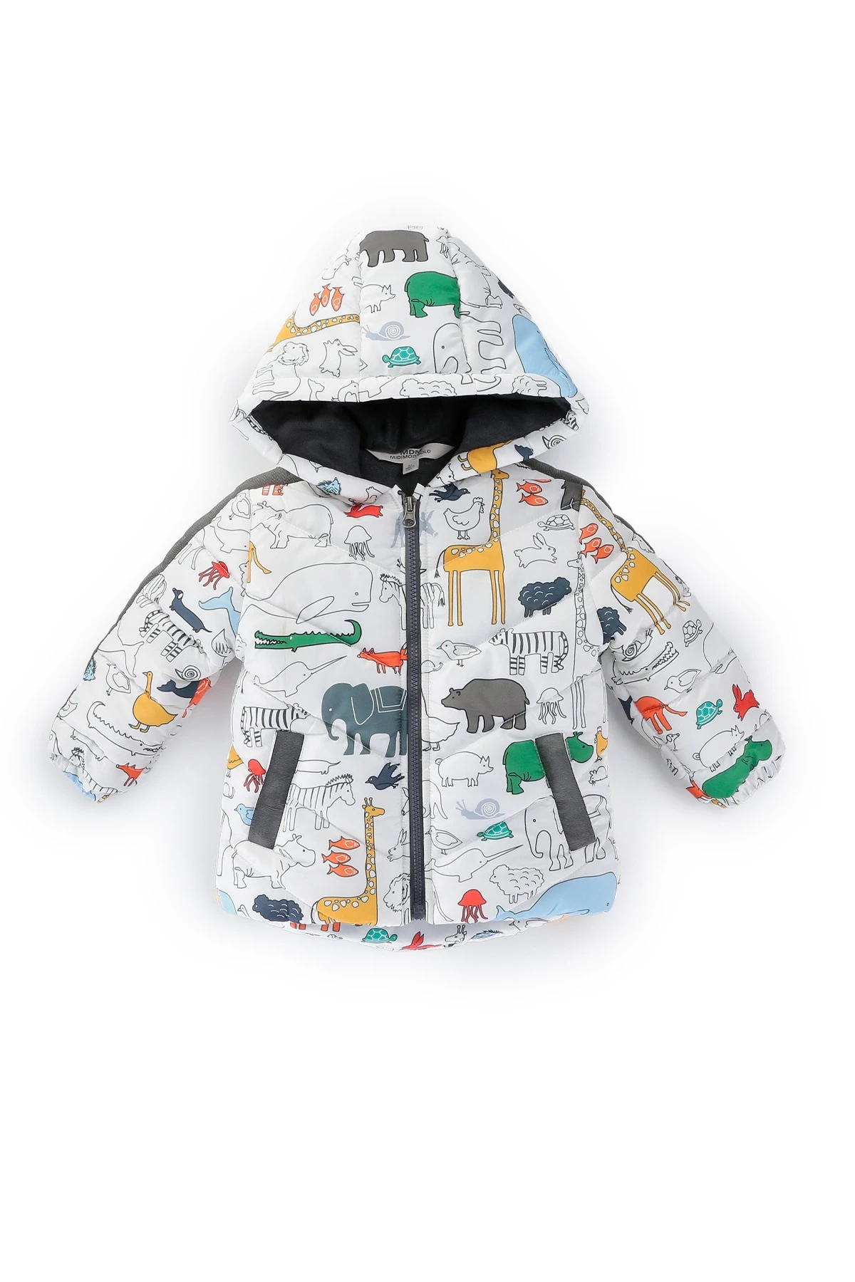 Erkek Çocuk Beyaz Hayvan Baskılı 1-5 Yaş Kışlık İçi Polar Astarlı Kapüşonlu Şişme Mont HZL24W-MDM1513131