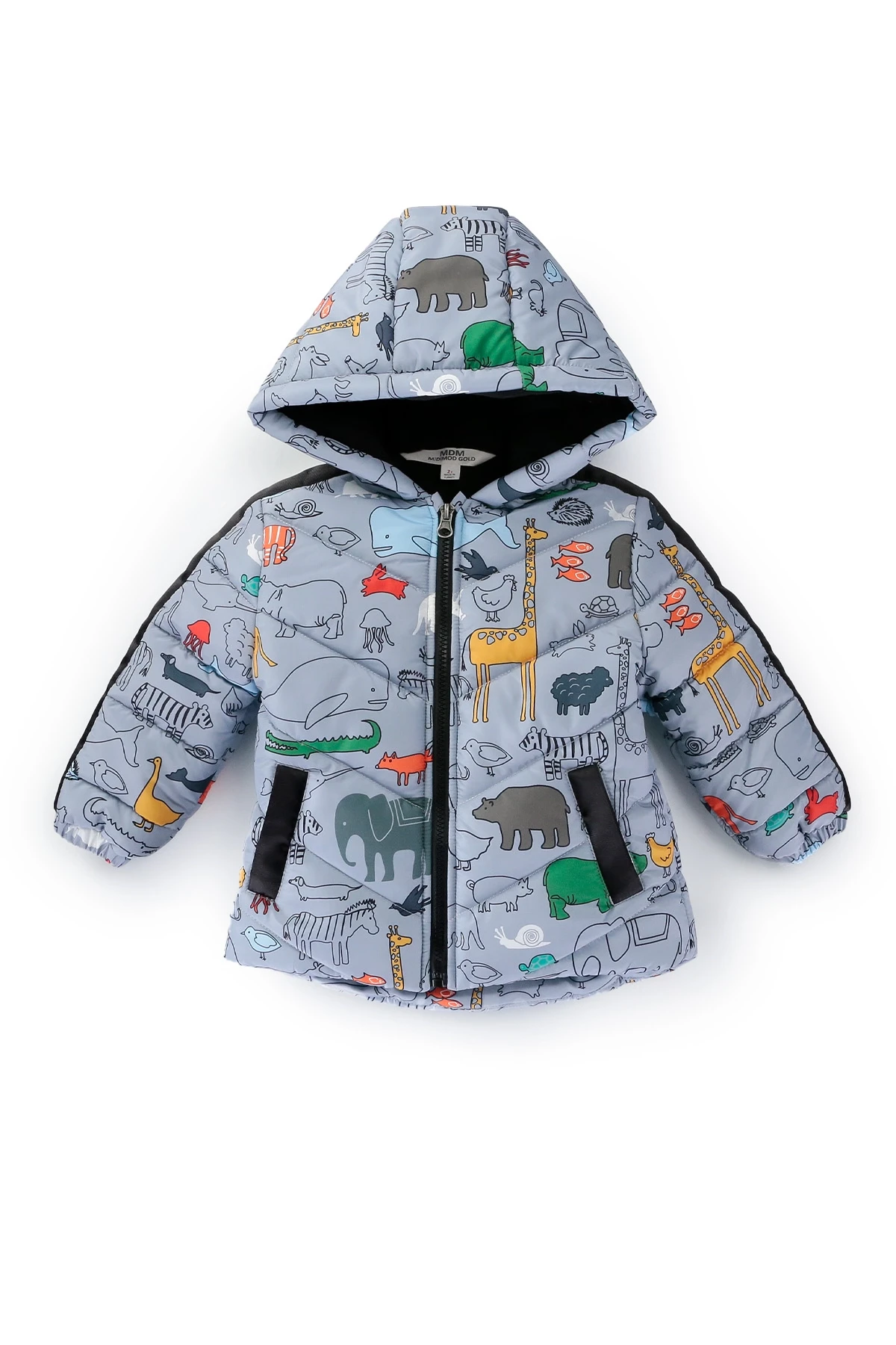 Erkek Çocuk Gri Hayvan Baskılı 1-5 Yaş Kışlık İçi Polar Astarlı Kapüşonlu Şişme Mont HZL24W-MDM1513131