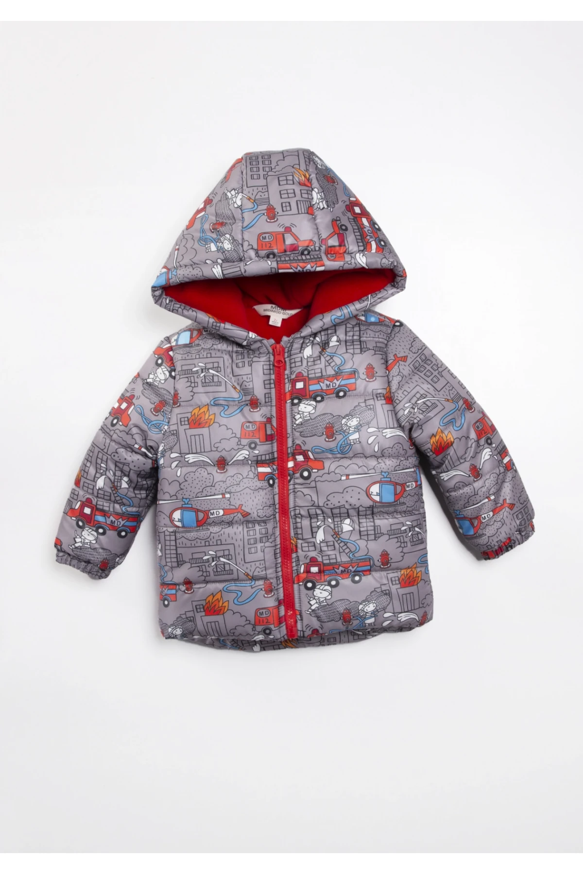 Erkek Çocuk Gri İtfaiye Desenli 1-5 Yaş Kışlık Astarlı Kapüşonlu Şişme Mont HZL24W-MDM1223251