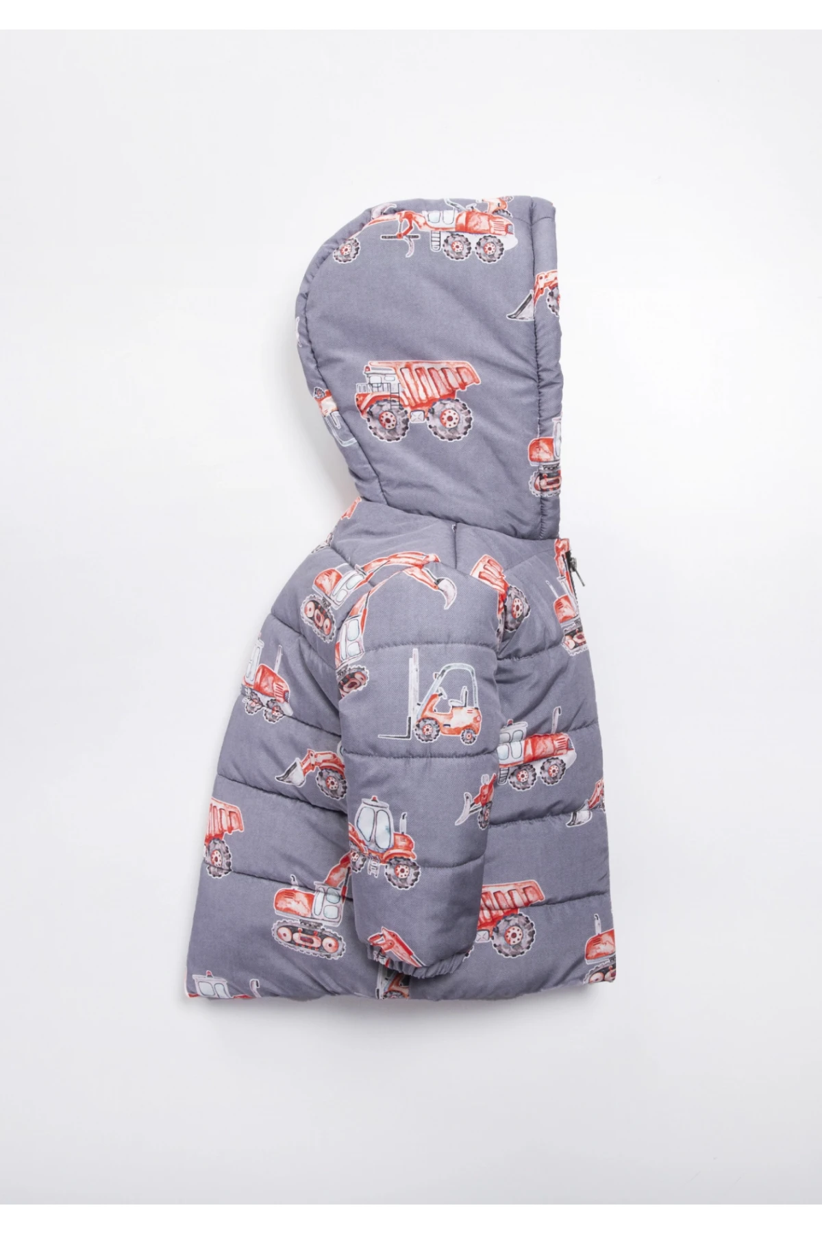 Erkek Çocuk Gri Kamyonet Desenli 1-5 Yaş Kışlık Polar Astarlı Kapüşonlu Şişme Mont HZL24W-MDM1223111