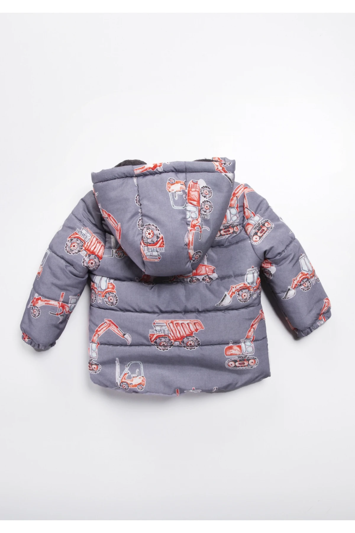Erkek Çocuk Gri Kamyonet Desenli 1-5 Yaş Kışlık Polar Astarlı Kapüşonlu Şişme Mont HZL24W-MDM1223111