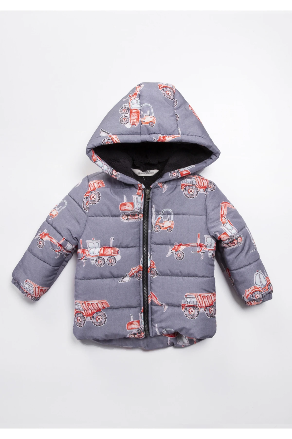 Erkek Çocuk Gri Kamyonet Desenli 1-5 Yaş Kışlık Polar Astarlı Kapüşonlu Şişme Mont HZL24W-MDM1223111