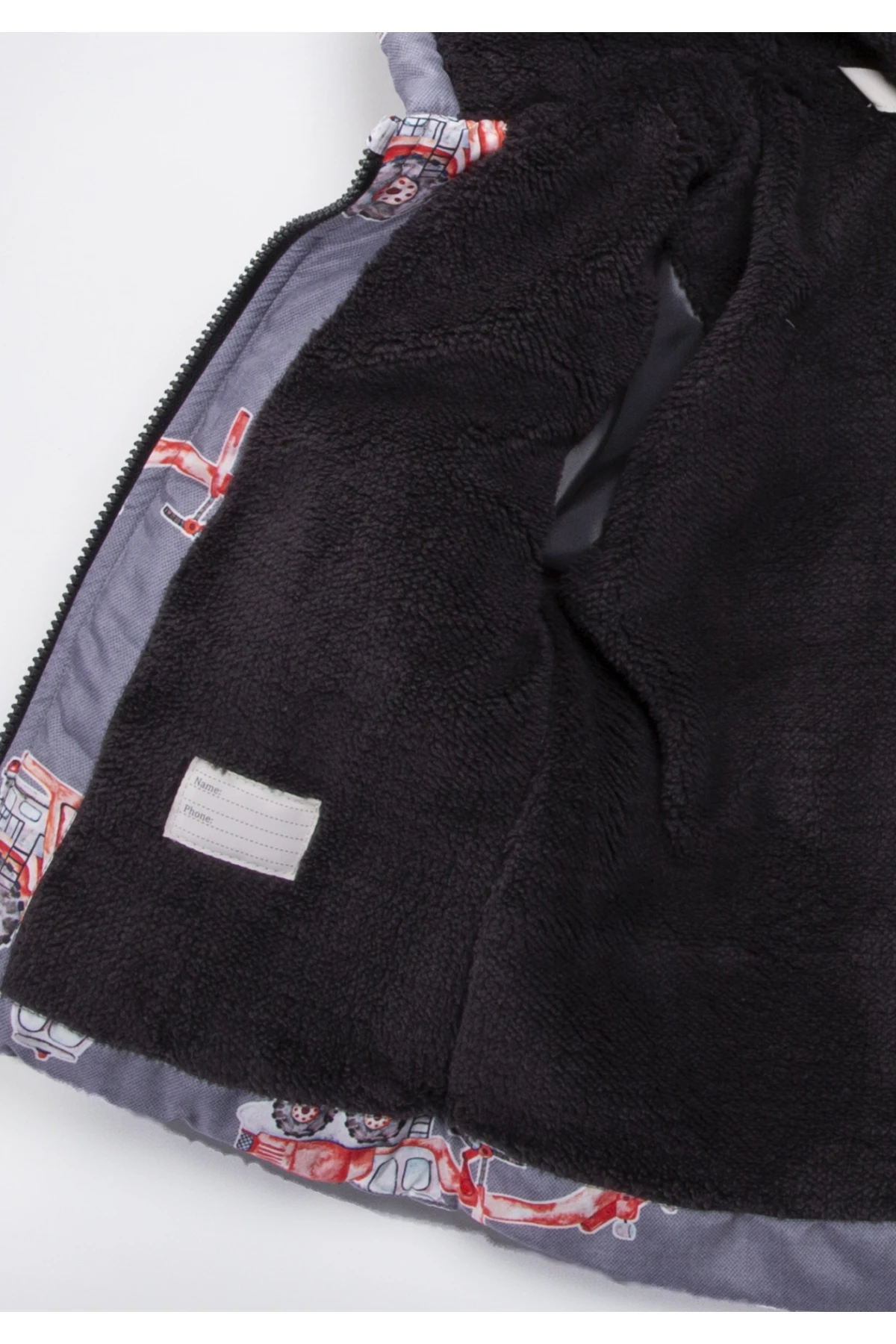 Erkek Çocuk Gri Kamyonet Desenli 1-5 Yaş Kışlık Polar Astarlı Kapüşonlu Şişme Mont HZL24W-MDM1223111