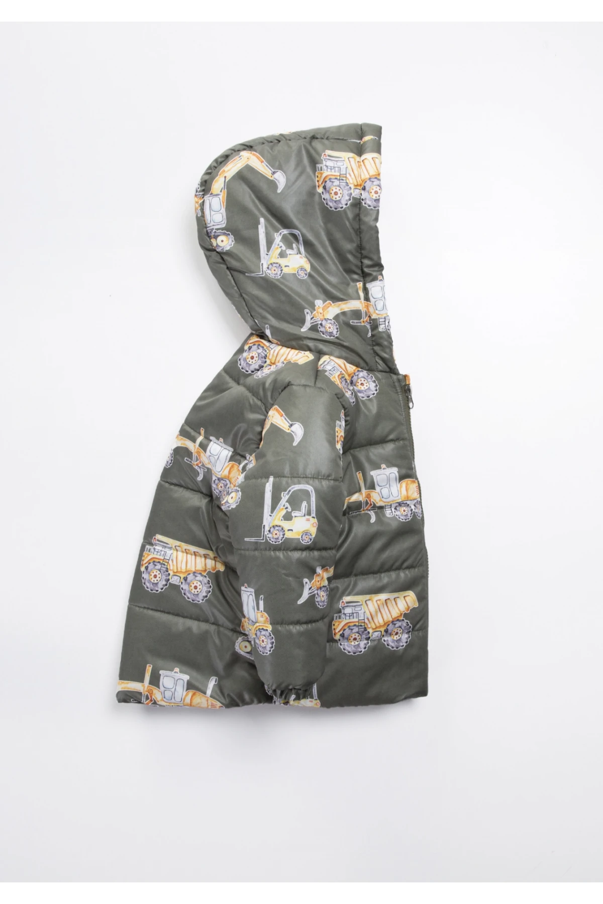 Erkek Çocuk Haki Kamyonet Desenli 1-5 Yaş Kışlık Polar Astarlı Kapüşonlu Şişme Mont HZL24W-MDM1223111