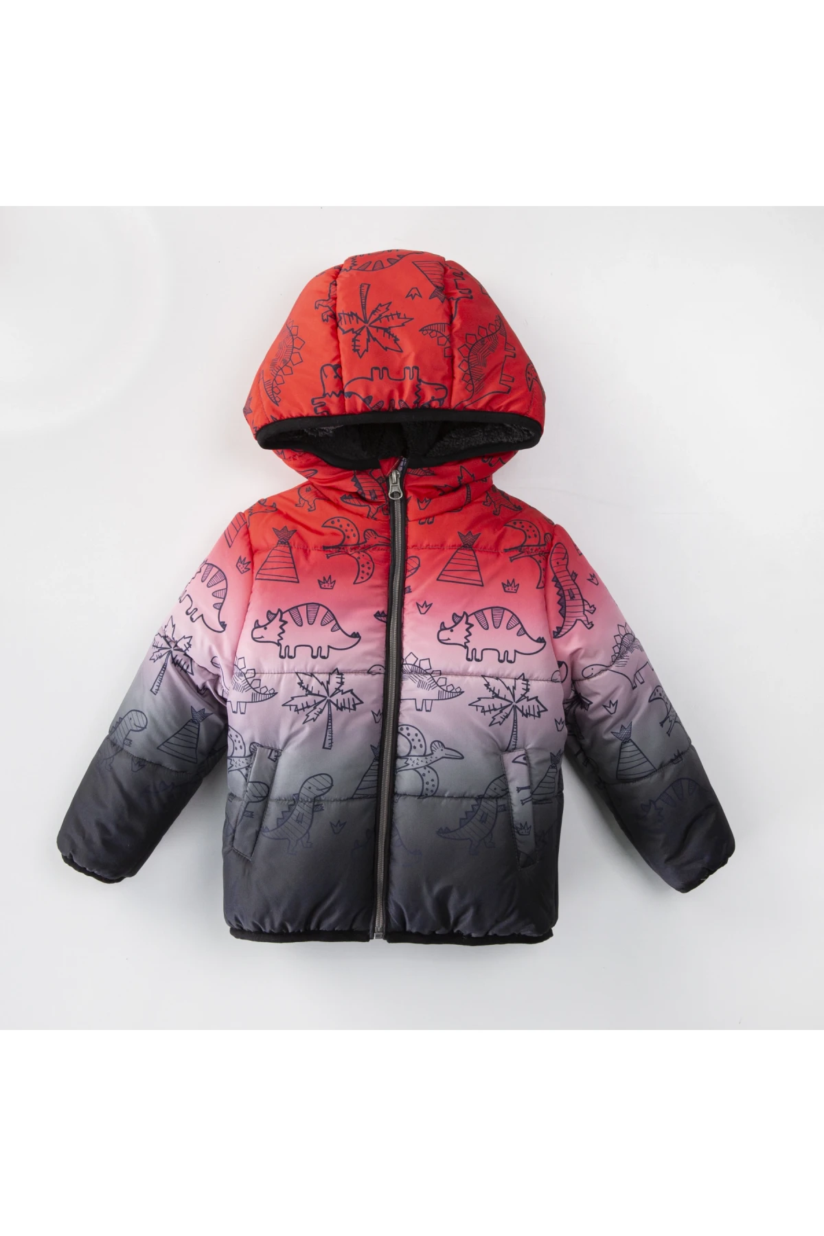 Erkek Çocuk Kırmızı Siyah 1-5 Yaş Kışlık İçi Polar Astarlı Kapüşonlu Şişme Mont HZL24W-MDM1513261