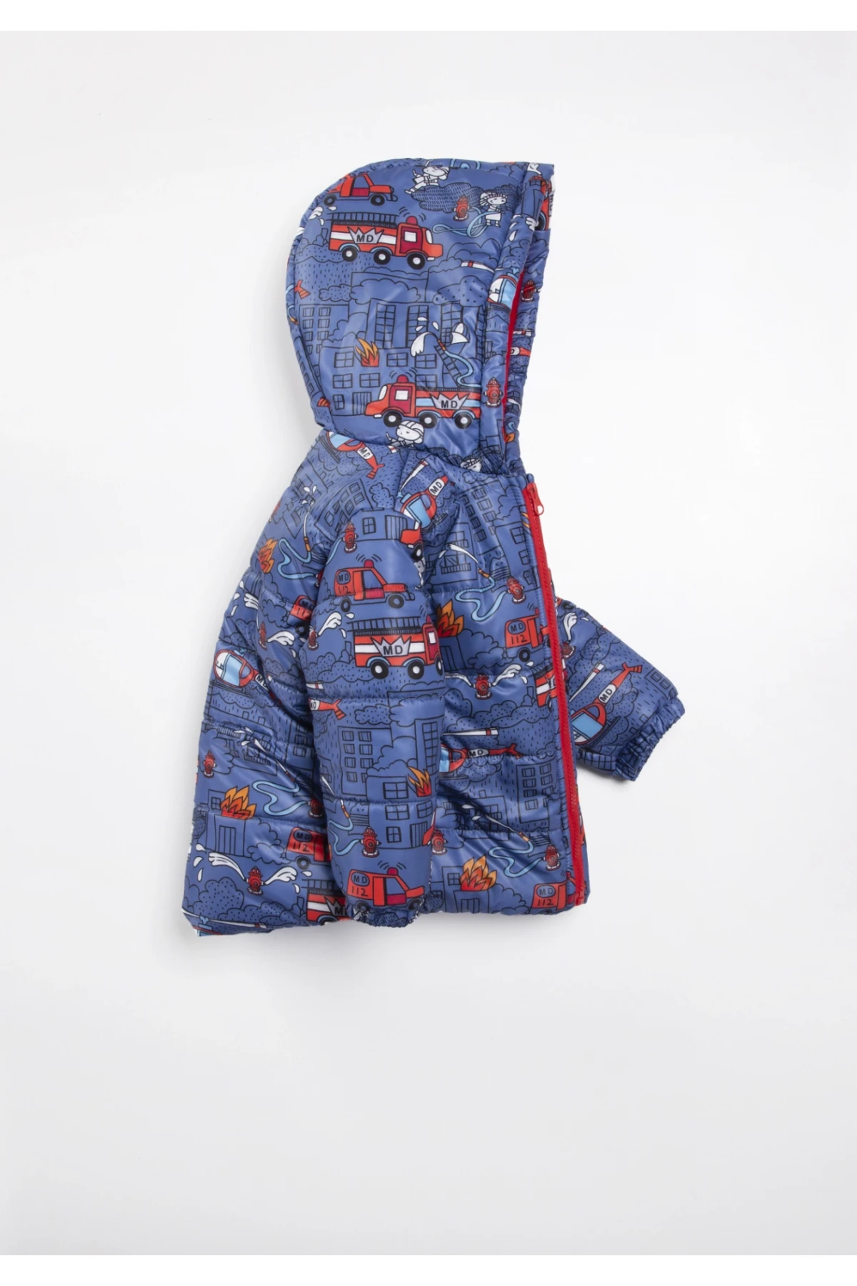 Erkek Çocuk Mavi İtfaiye Desenli 1-5 Yaş Kışlık Astarlı Kapüşonlu Şişme Mont HZL24W-MDM1223251