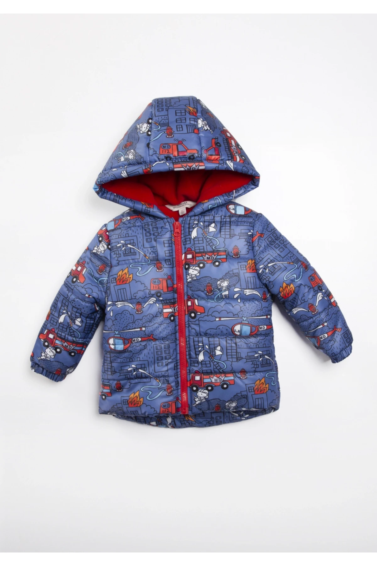 Erkek Çocuk Mavi İtfaiye Desenli 1-5 Yaş Kışlık Astarlı Kapüşonlu Şişme Mont HZL24W-MDM1223251