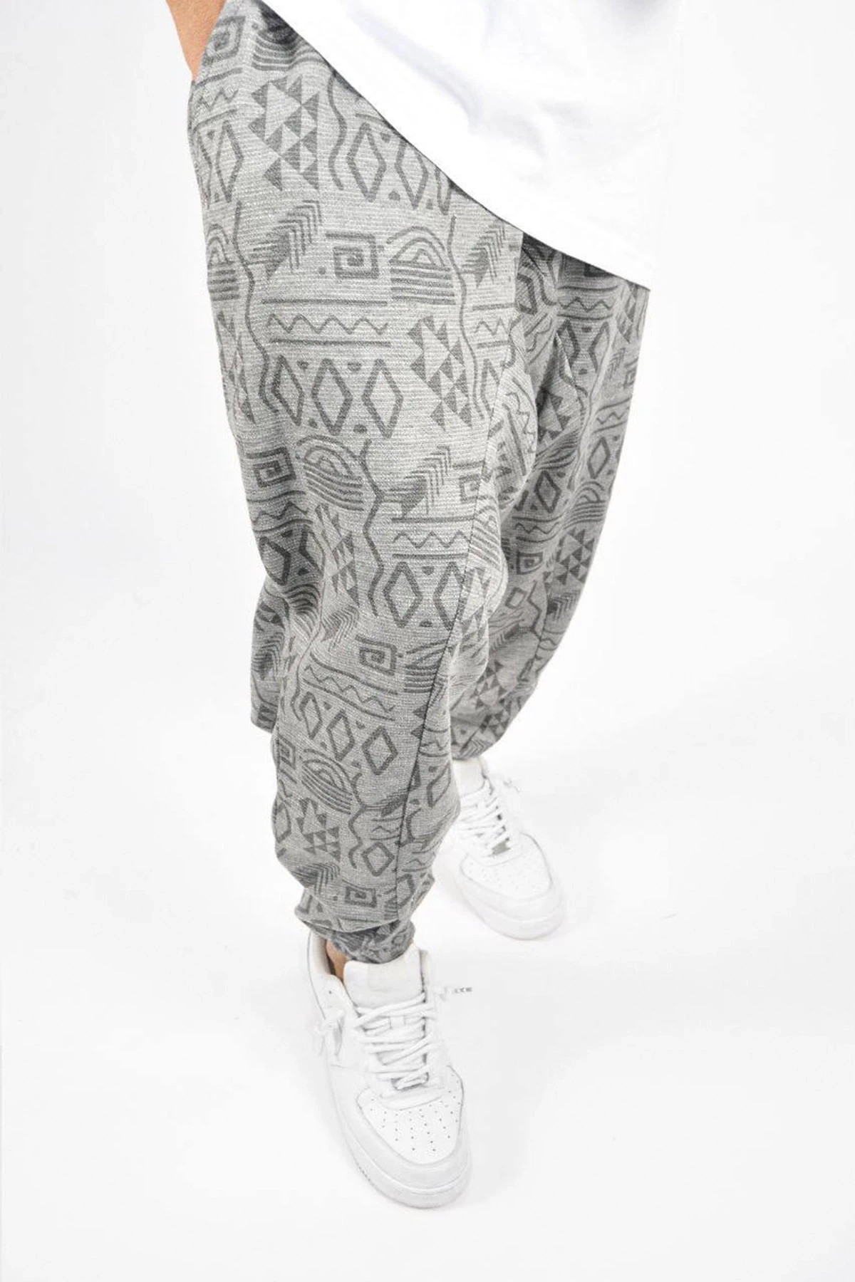 Erkek Etnik Desenli Antrasit Gri  Bol Kesim Şalvar Tip Eşofman Altı HZL23S-MXC17042-11