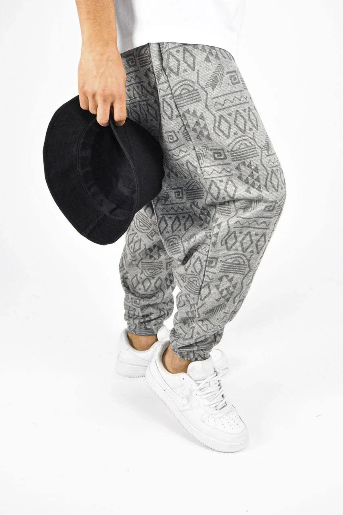 Erkek Etnik Desenli Antrasit Gri  Bol Kesim Şalvar Tip Eşofman Altı HZL23S-MXC17042-11