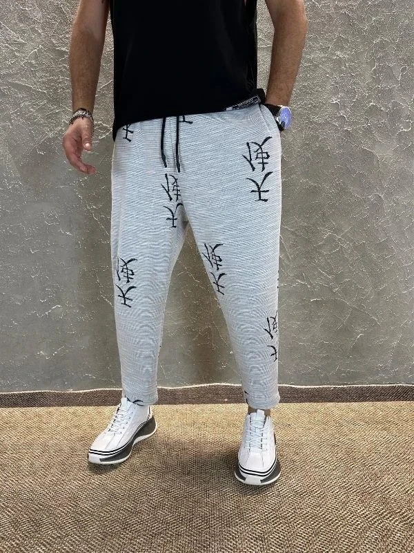 Erkek Gri Japon Desenli Beli İp Bağlamalı Düz Kesim Pantolon Eşofman Altı HZL24S-MXC8948-193