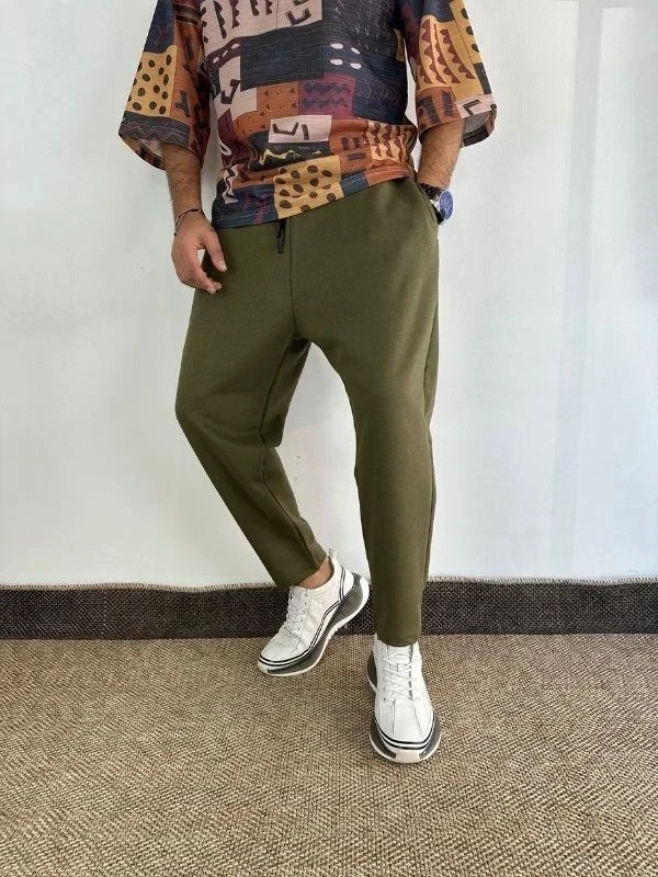 Erkek Haki Yeşil Beli İp Bağlamalı Düz Kesim Cepli Pantolon Eşofman Altı HZL24S-MXC8948-194