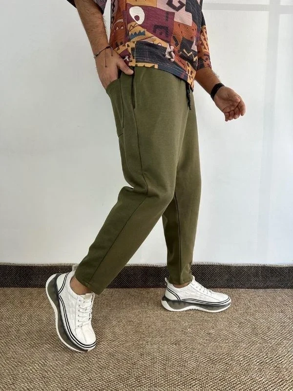 Erkek Haki Yeşil Beli İp Bağlamalı Düz Kesim Cepli Pantolon Eşofman Altı HZL24S-MXC8948-194