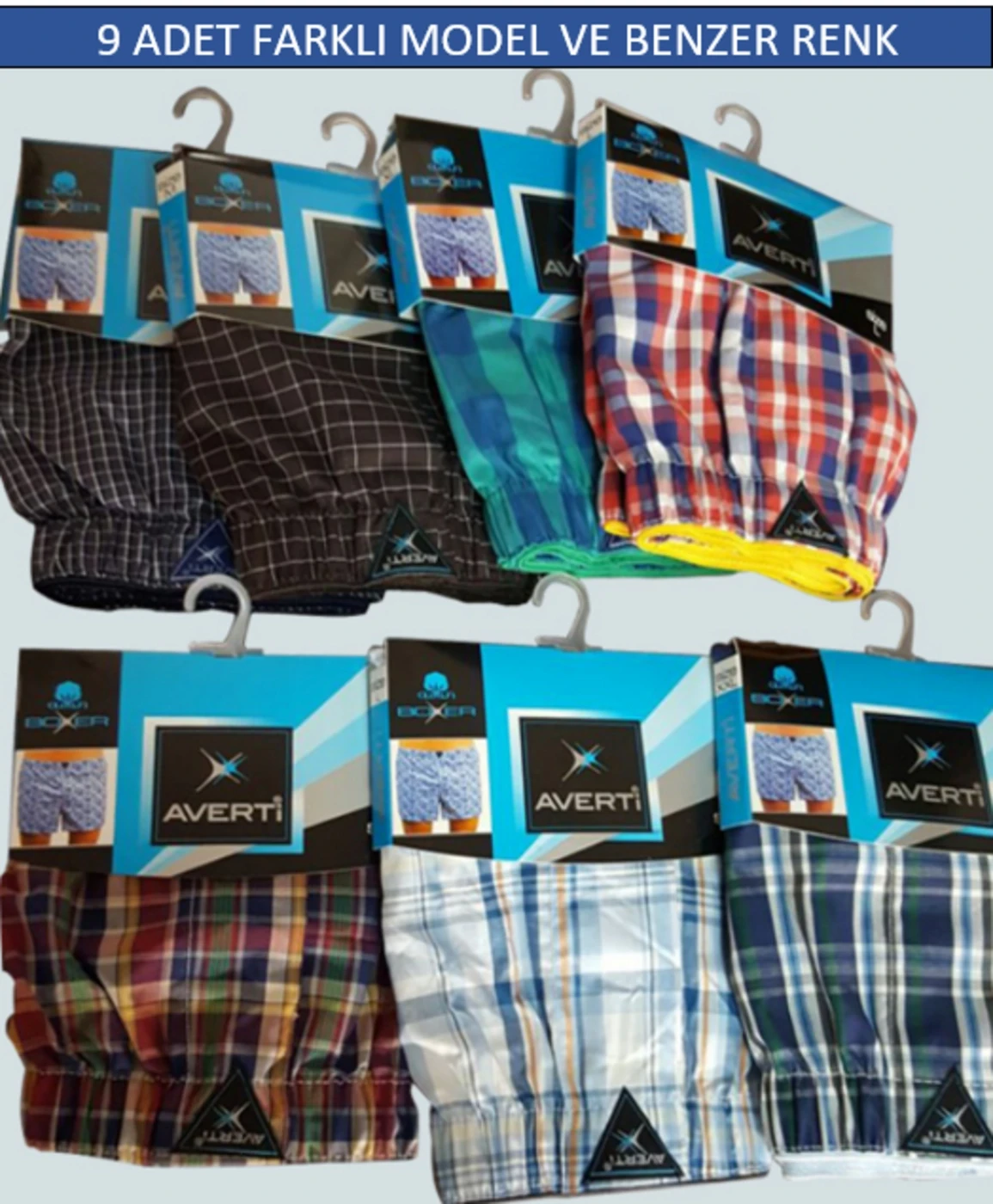 Erkek Karışık Renk Düğmesiz Gömlek Desenli  9Lü Paket %100 Pamuk Poplin Boxer Şort HZL24W-AV112341