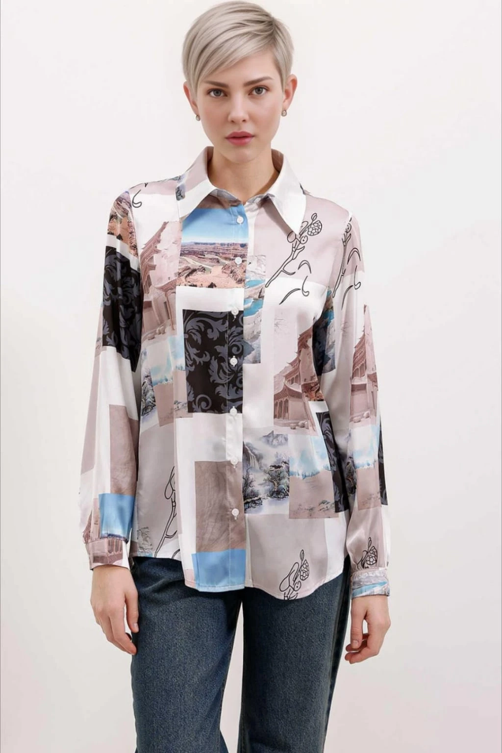 Kadın Açık Bej Desenli Hafif Dökümlü Saten Yüzeyli Gömlek HZL24S-BD1202441