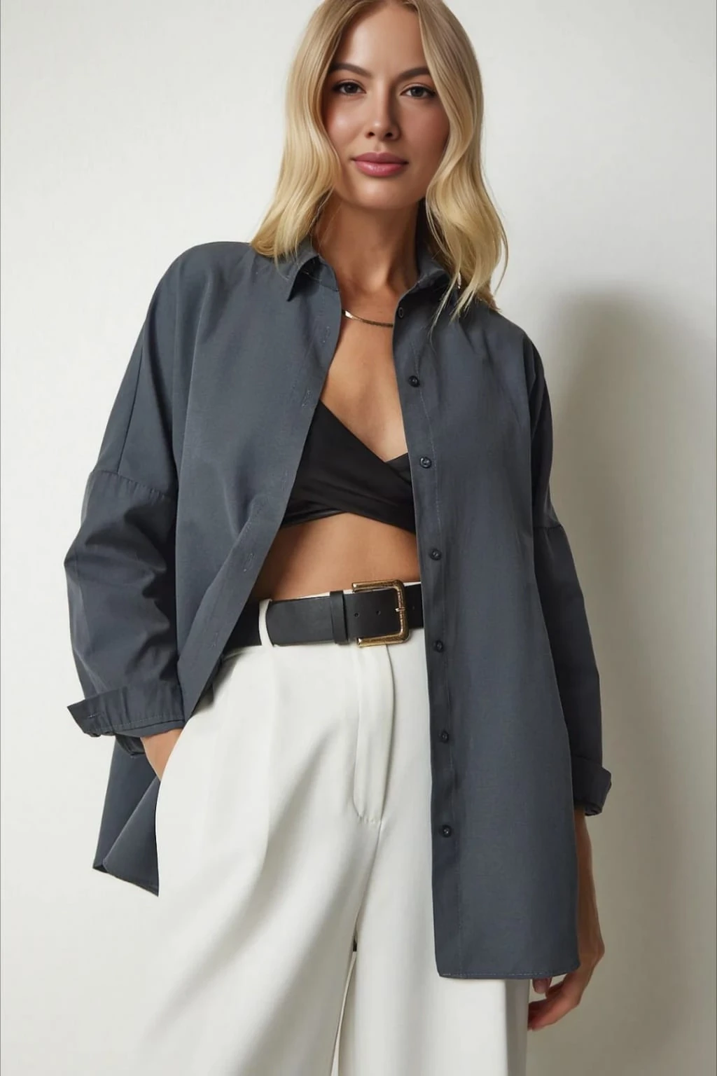 Kadın Antrasit Geniş Kalıp Uzun Basic Gömlek HZL24W-BD139001