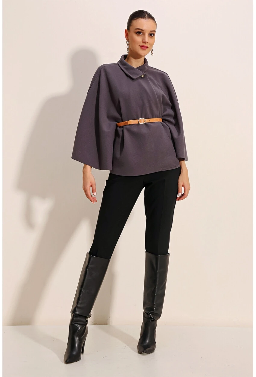 Kadın Antrasit Hakim Yaka Kemer Detaylı Kaşe Panço  HZL24W-BD191341