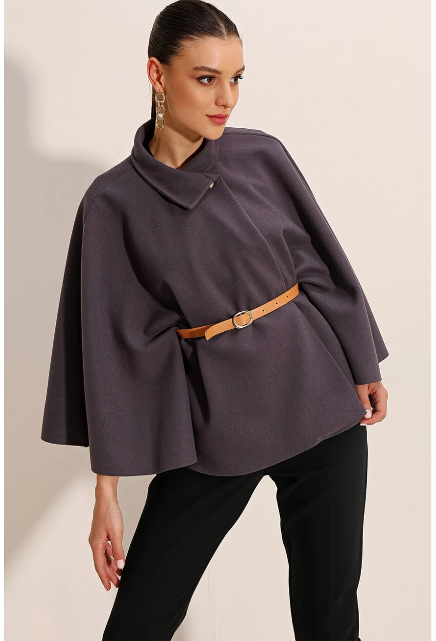 Kadın Antrasit Hakim Yaka Kemer Detaylı Kaşe Panço  HZL24W-BD191341