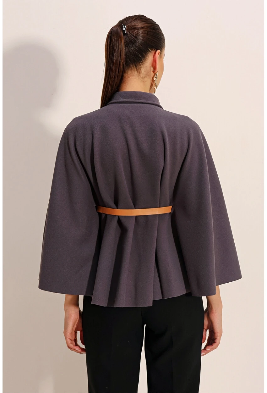 Kadın Antrasit Hakim Yaka Kemer Detaylı Kaşe Panço  HZL24W-BD191341