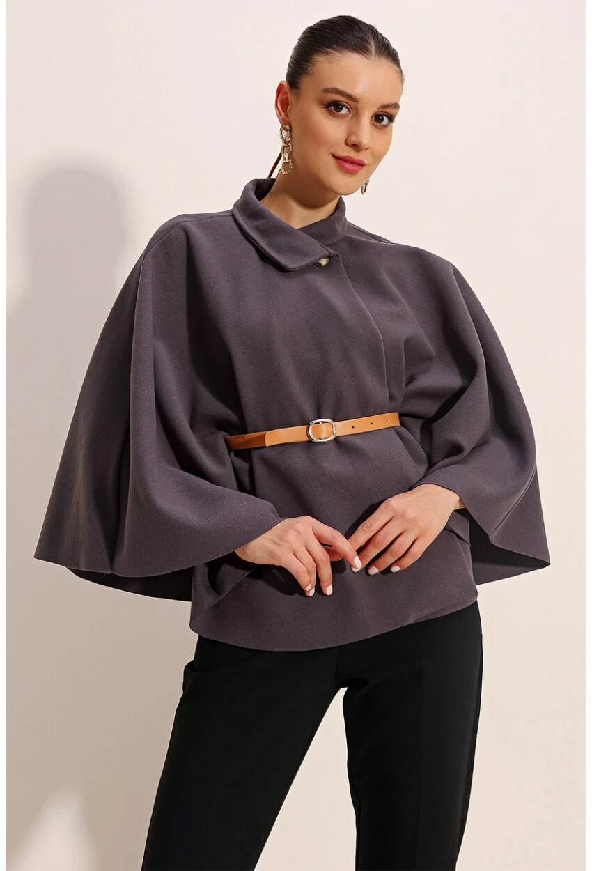 Kadın Antrasit Hakim Yaka Kemer Detaylı Kaşe Panço  HZL24W-BD191341