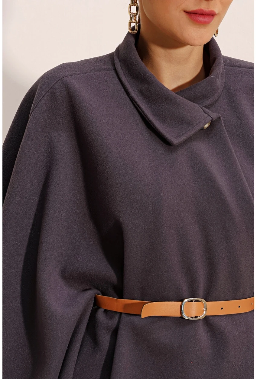 Kadın Antrasit Hakim Yaka Kemer Detaylı Kaşe Panço  HZL24W-BD191341